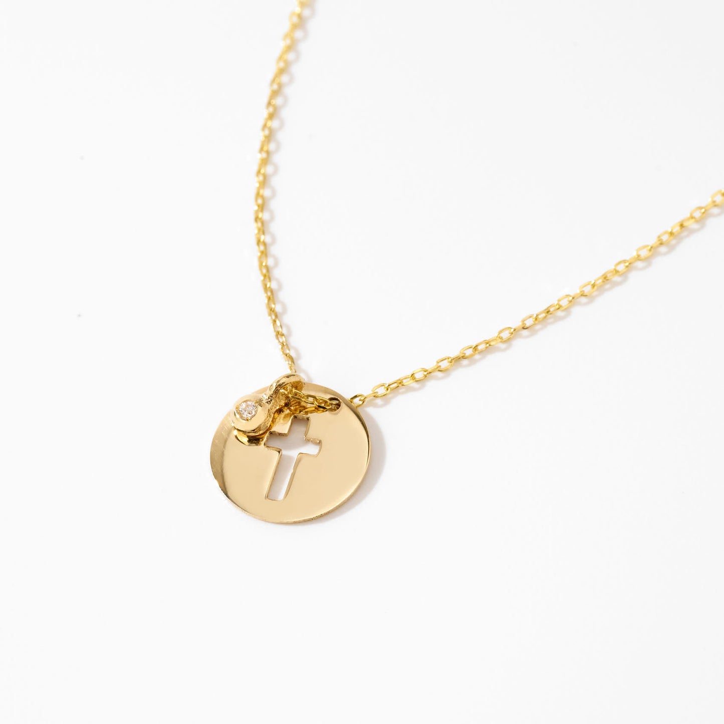 Tiny Diamond Disc Cross Necklace in 14k Solid Gold