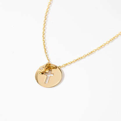 Tiny Diamond Disc Cross Necklace in 14k Solid Gold