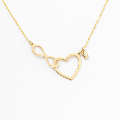 Small Heart-Infinity Necklace with Diamond in 14k Solid Gold