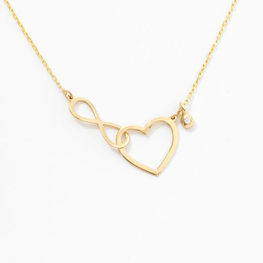 Small Heart-Infinity Necklace with Diamond in 14k Solid Gold