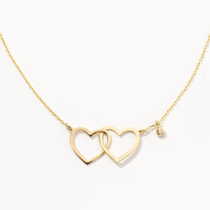 Double Heart Necklace with Diamond in 14k Solid Gold