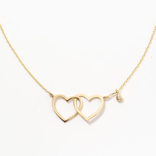 Double Heart Necklace with Diamond in 14k Solid Gold