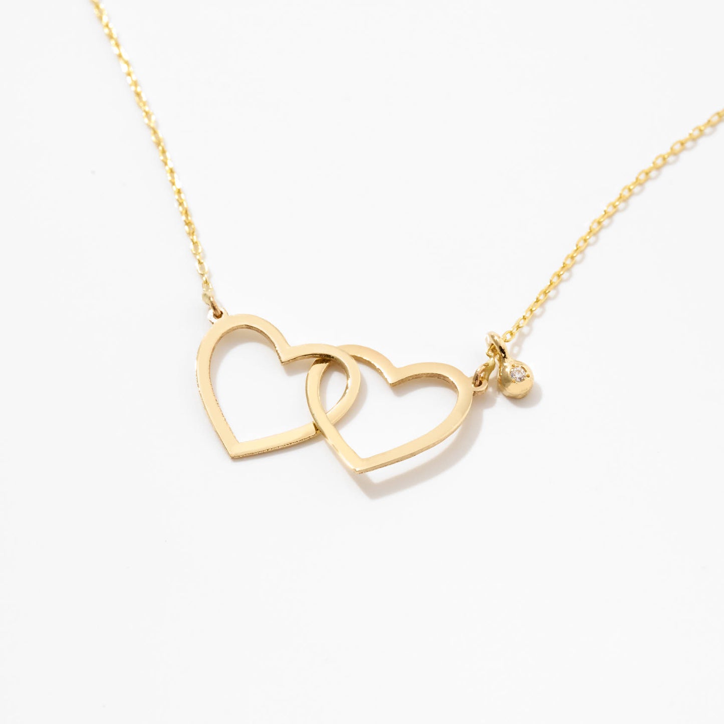 Double Heart Necklace with Diamond in 14k Solid Gold