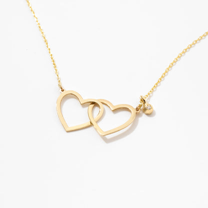 Double Heart Necklace with Diamond in 14k Solid Gold