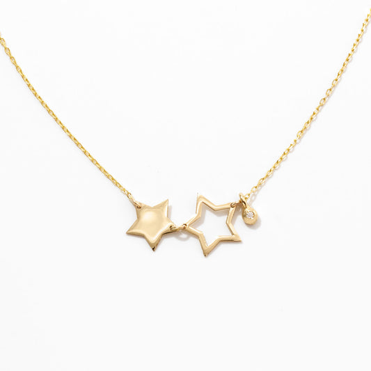 Tiny Diamond Two Star Necklace in 14k Solid Gold