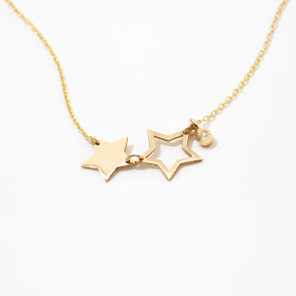 Tiny Diamond Two Star Necklace in 14k Solid Gold