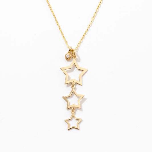 Three Star Necklace with Small Diamond in 14k Solid Gold