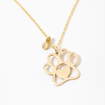 Tiny Paw Print Necklace with Diamond in 14k Solid Gold