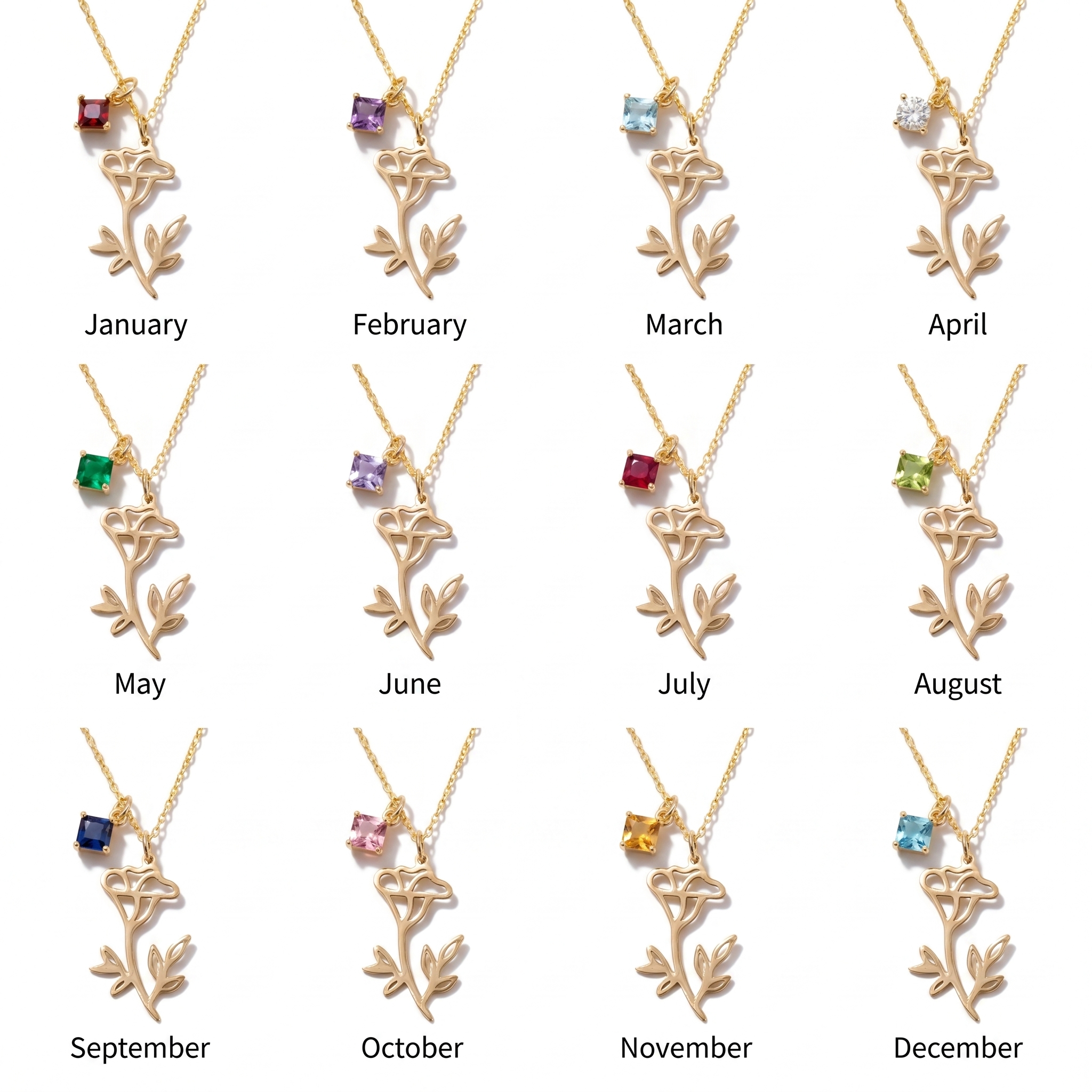 Birth Flower with Birthstone Pendant Necklace