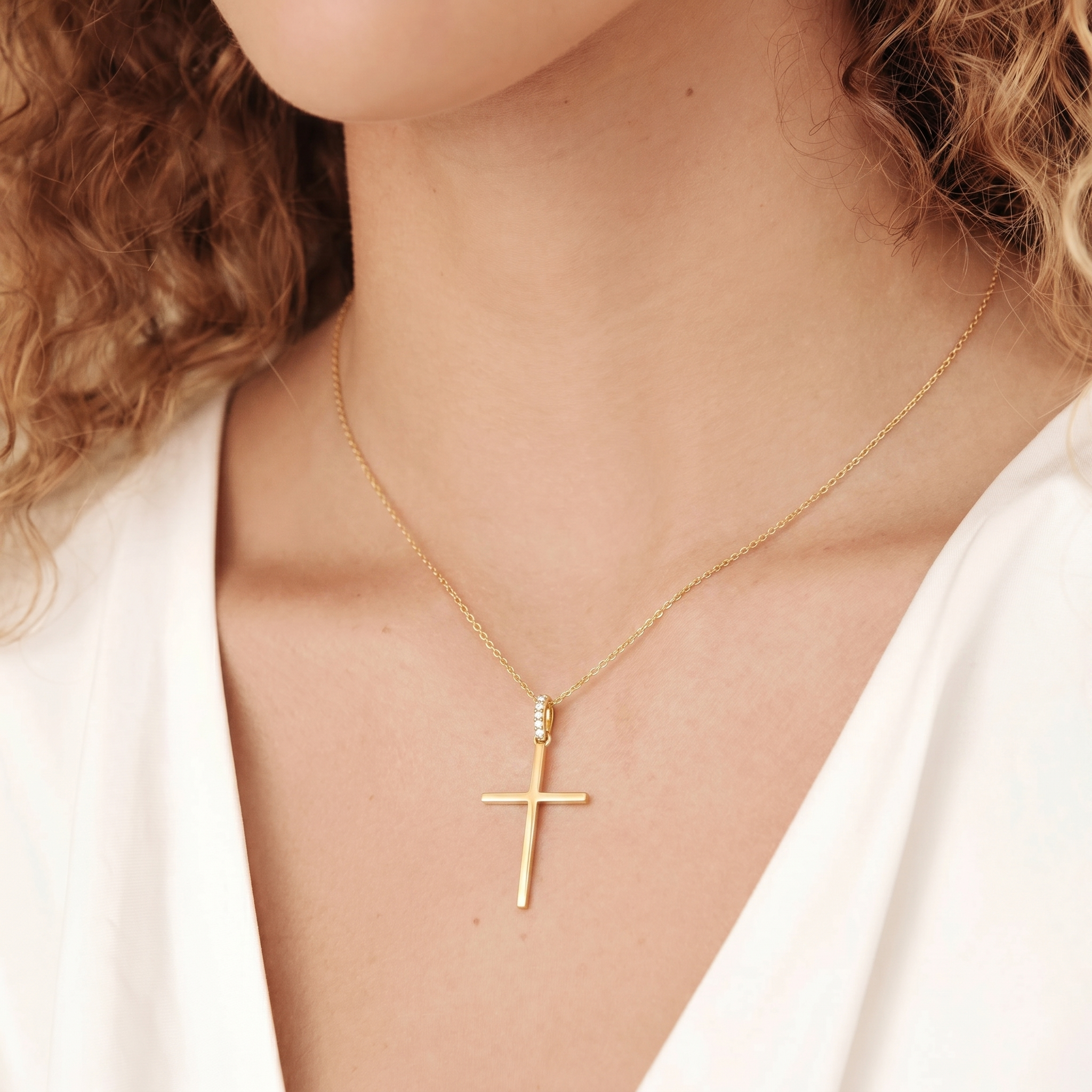 Dainty Diamond Bail Slim Cross Necklace