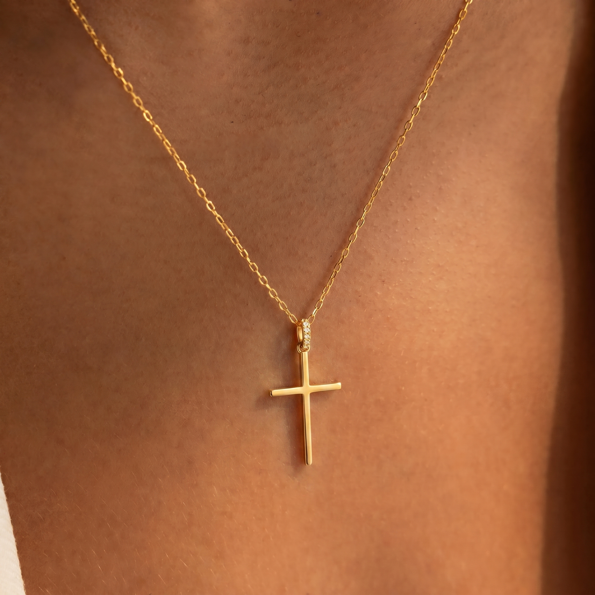 Dainty Diamond Bail Slim Cross Necklace