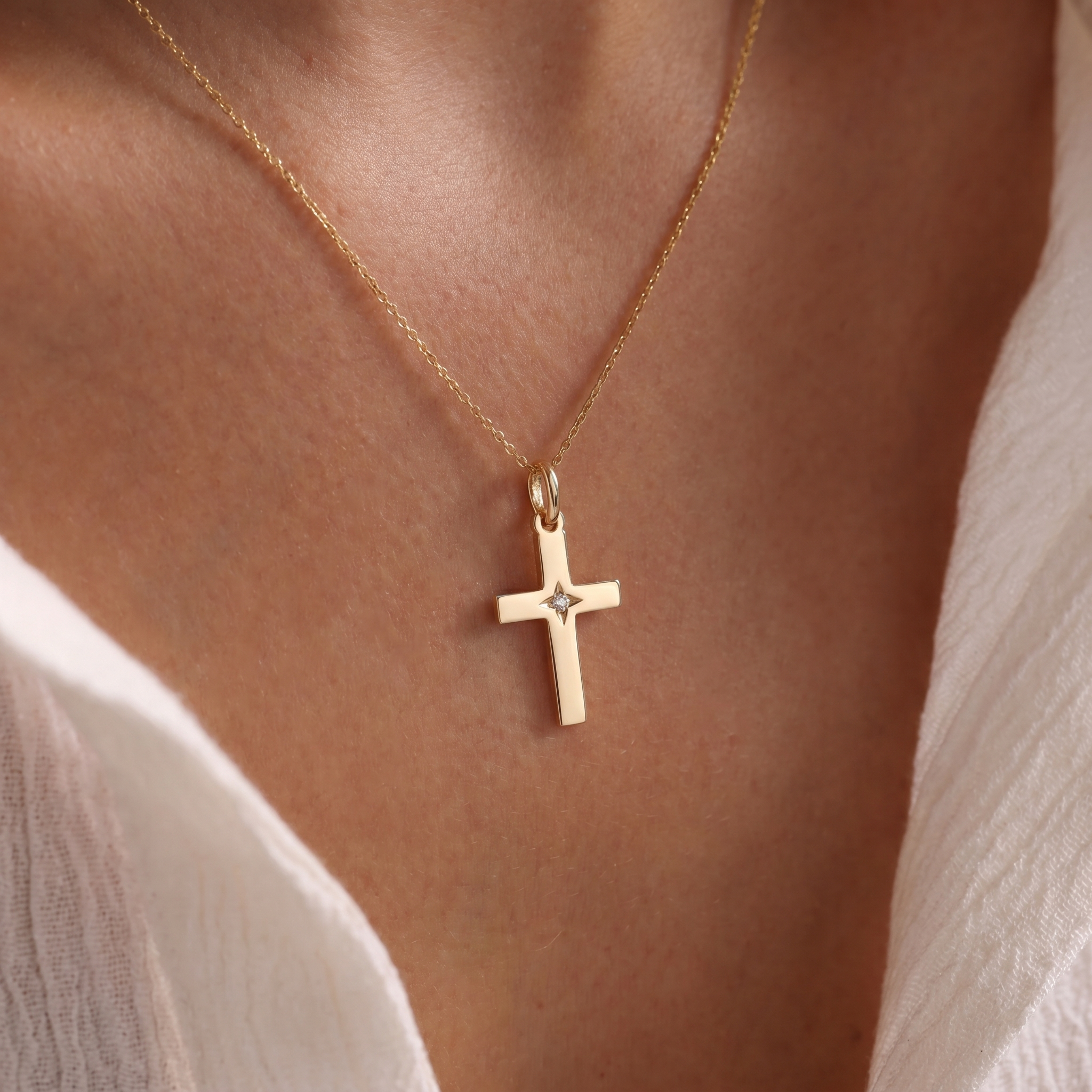 Diamond Star Set Cross Necklace