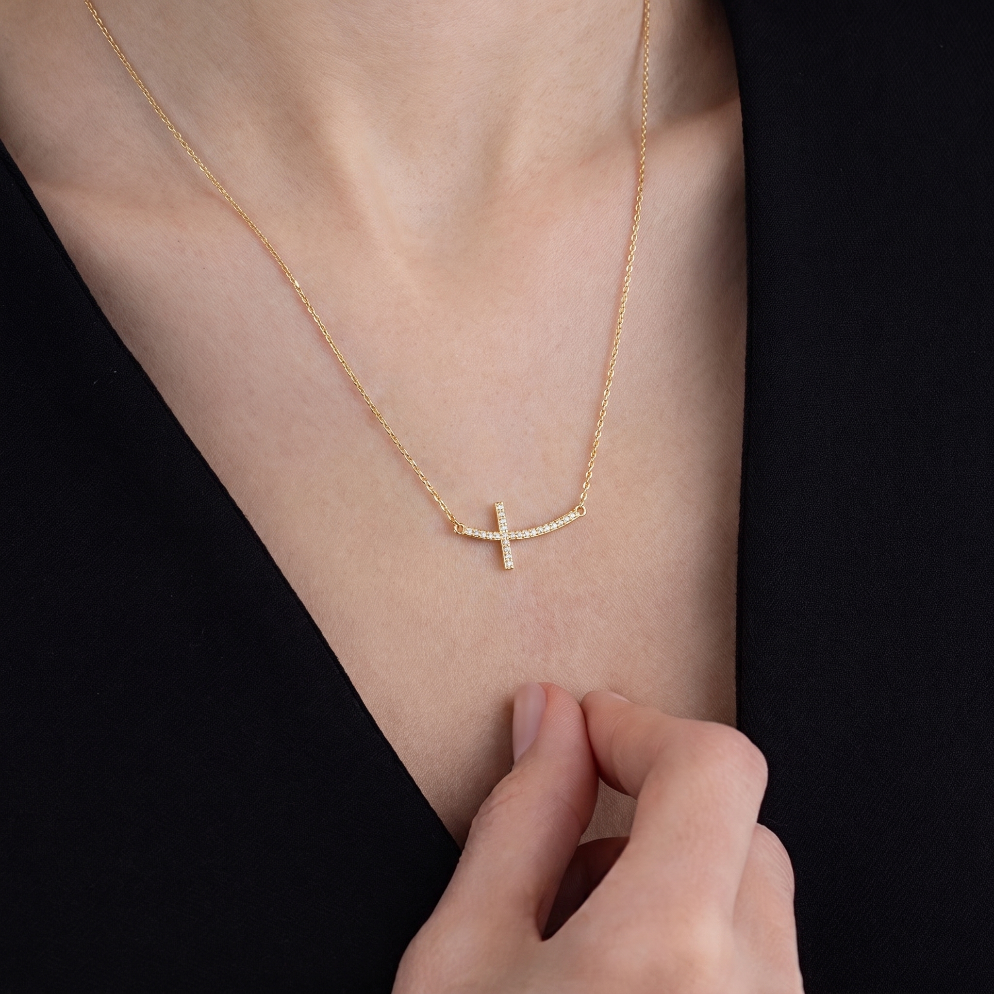 Curved Pave Diamond Cross Necklace