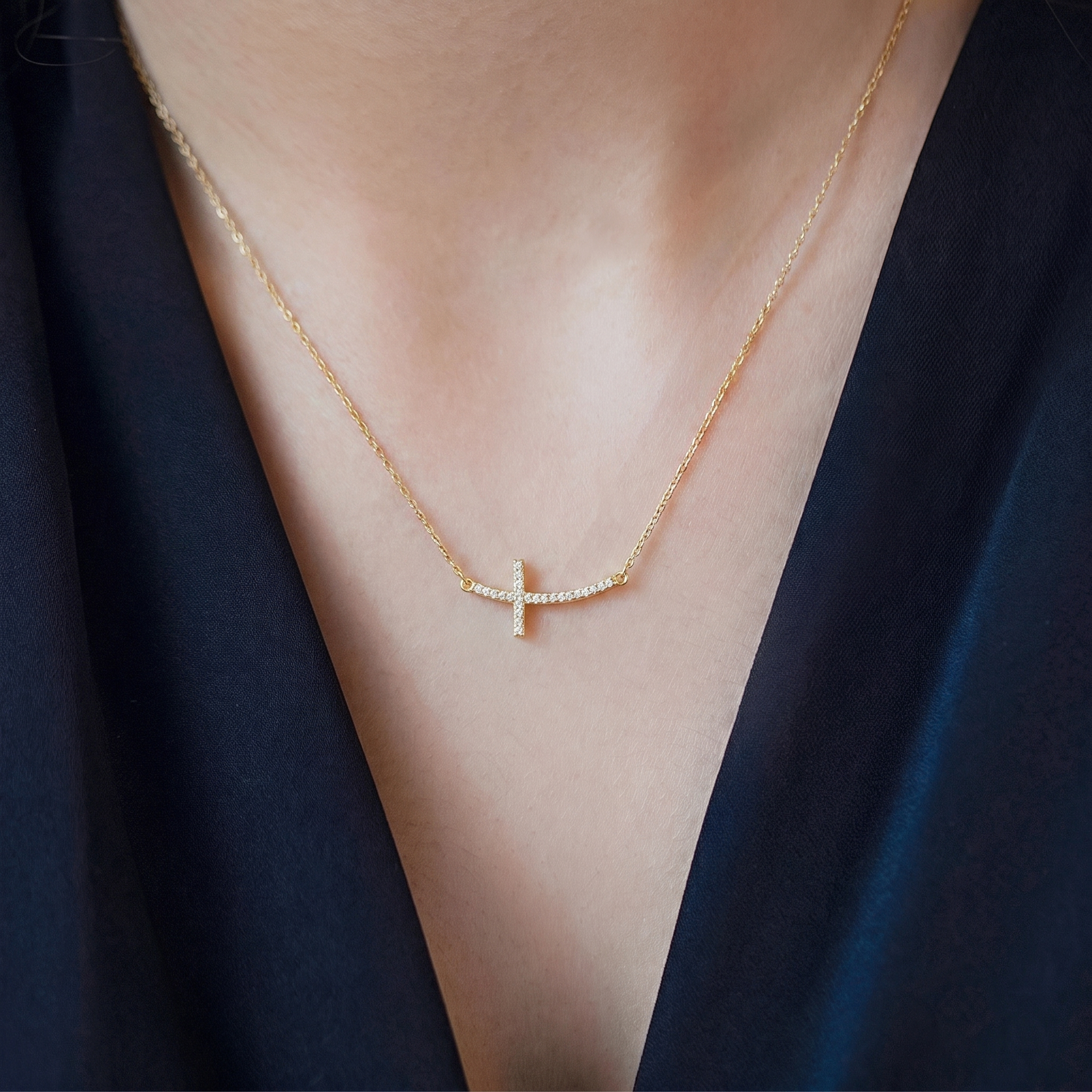 Curved Pave Diamond Cross Necklace