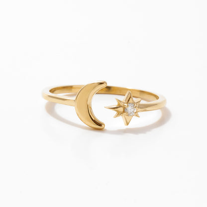 Moon & Star Birthstone Ring in 14k Solid Gold