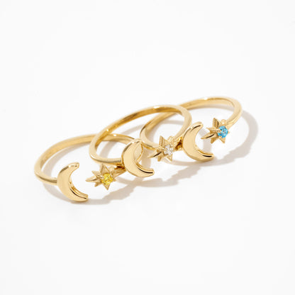 Moon & Star Birthstone Ring in 14k Solid Gold