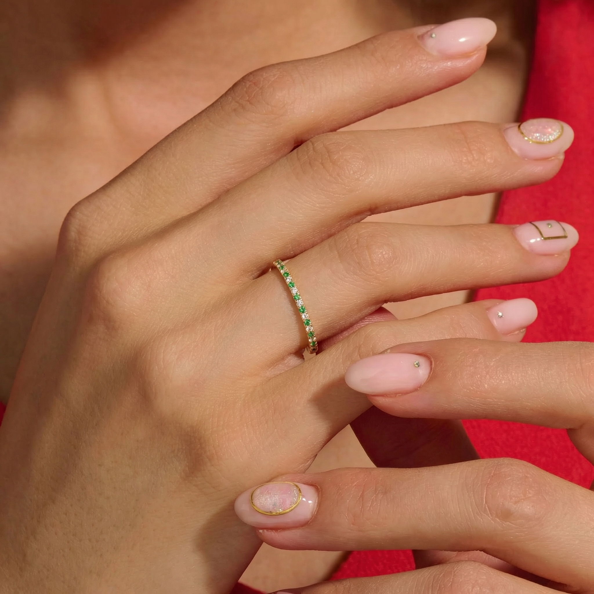 Dainty Natural Diamond Simulated Emerald Eternity Band