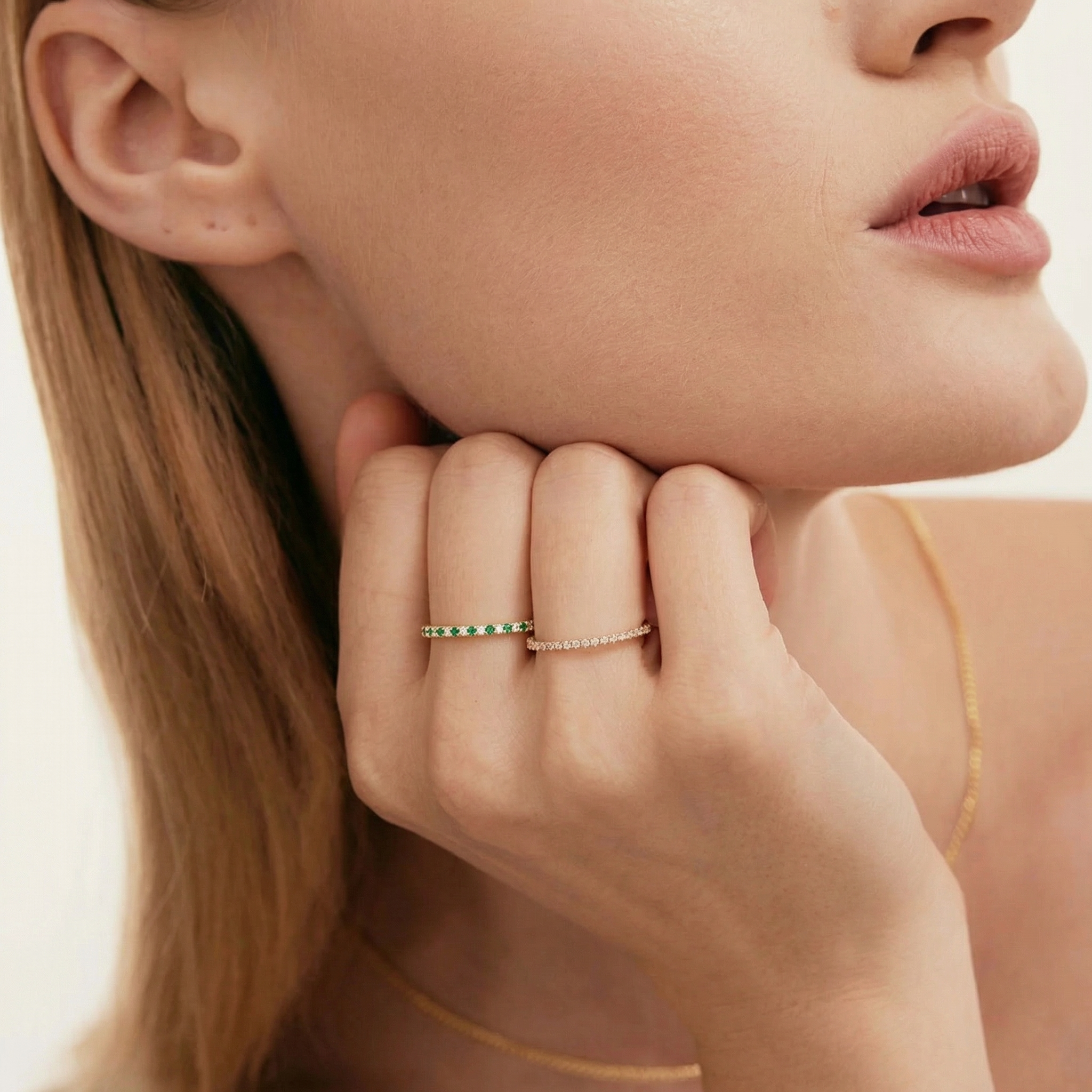 Dainty Natural Diamond Simulated Emerald Eternity Band