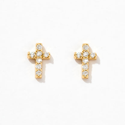 Boucles d'oreilles à tige en or massif 14 carats avec croix en diamant