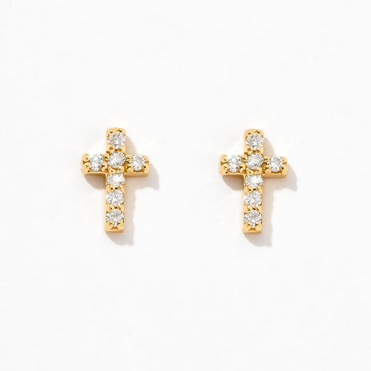 Boucles d'oreilles à tige en or massif 14 carats avec croix en diamant