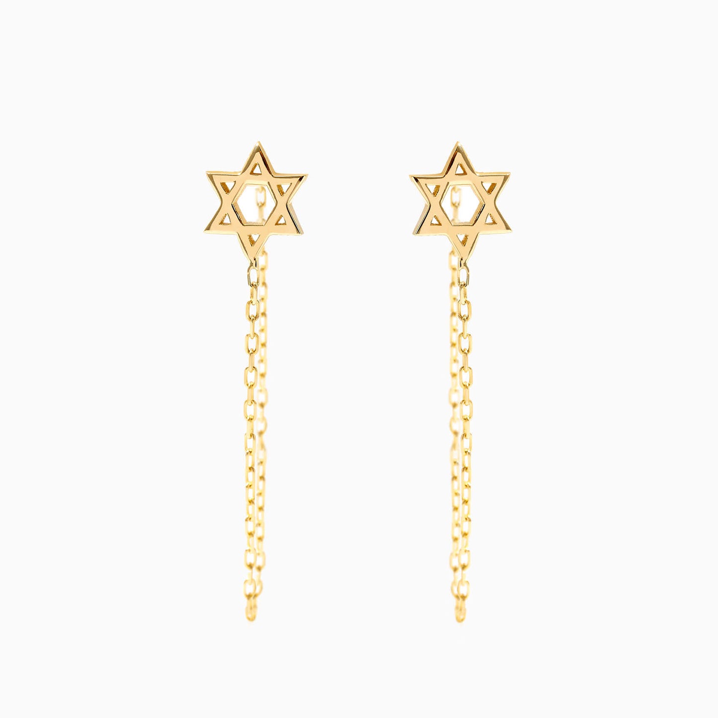 Star of David Dangle Chain Earrings in 14K Solid Gold