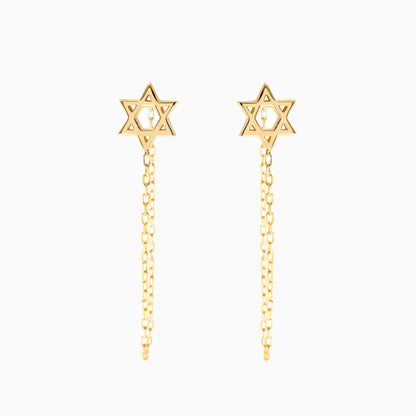 Star of David Dangle Chain Earrings in 14K Solid Gold