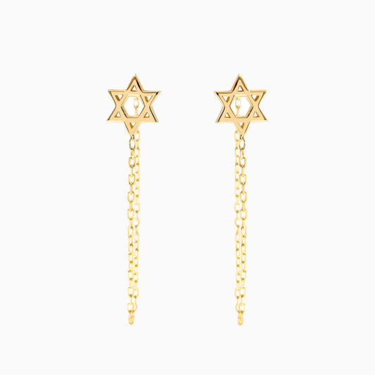 Star of David Dangle Chain Earrings in 14K Solid Gold