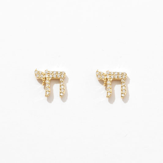 Diamond Chai Earrings in 14k Solid Gold