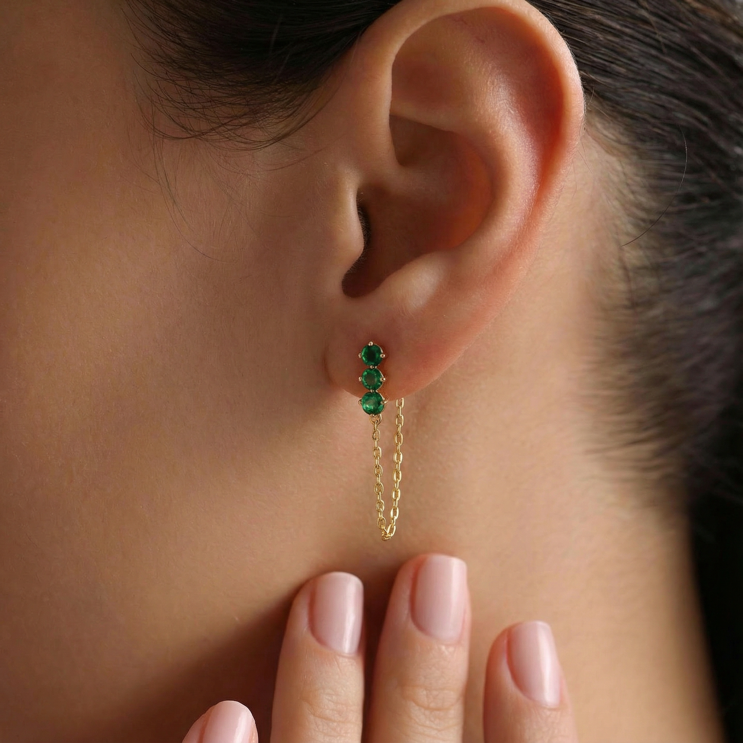 Green 3-Stone Drop Dangle Earrings