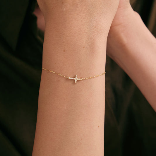 Diamond Pave Cross Bracelet in 14K Solid Gold