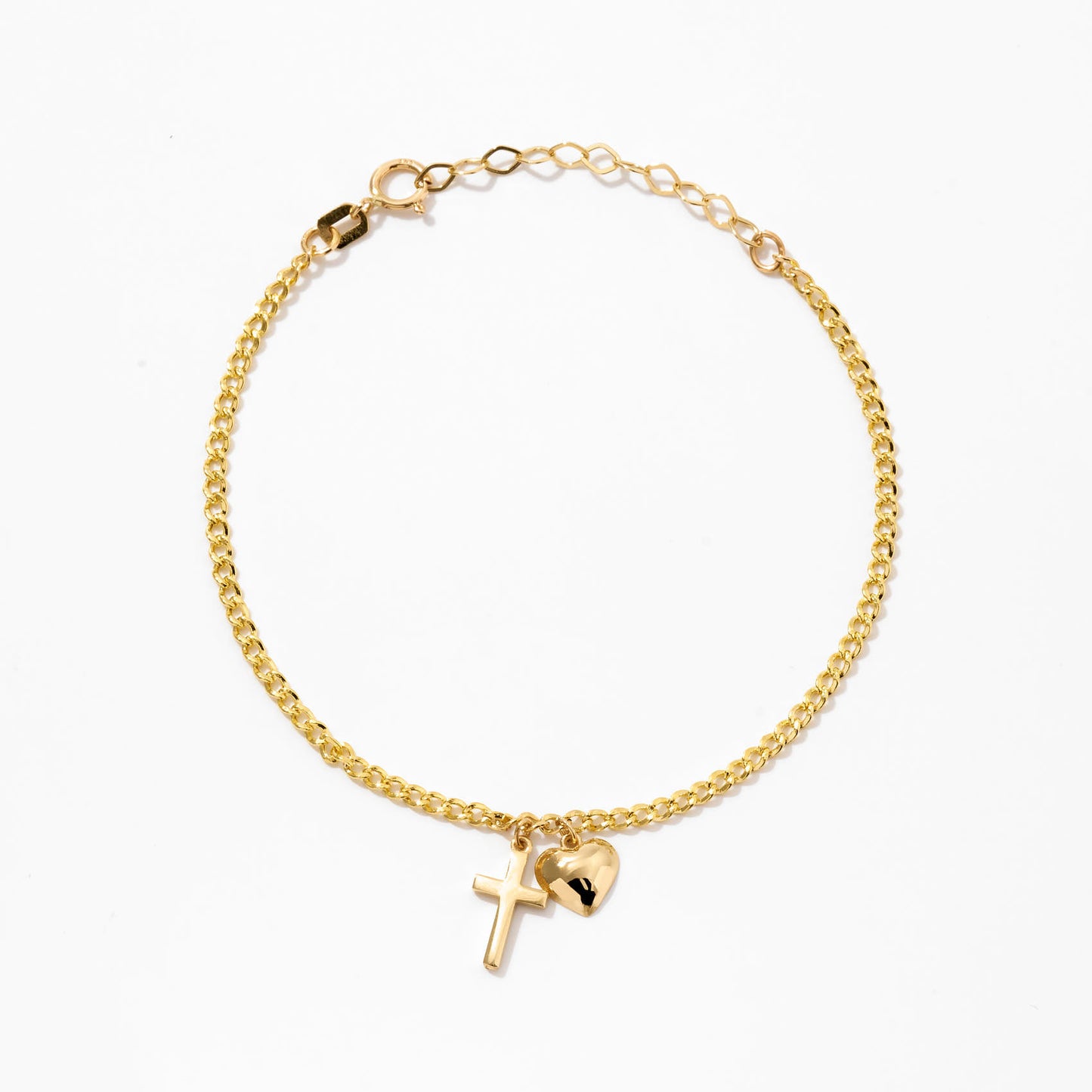 Cross and Heart Charm Bracelet in 14k Solid Gold