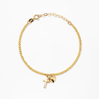 Cross and Heart Charm Bracelet in 14k Solid Gold