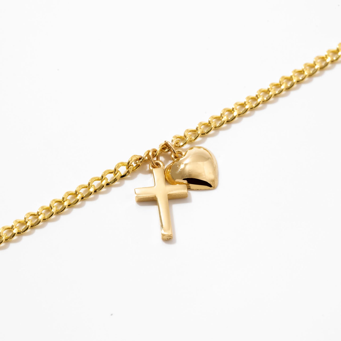 Cross and Heart Charm Bracelet in 14k Solid Gold