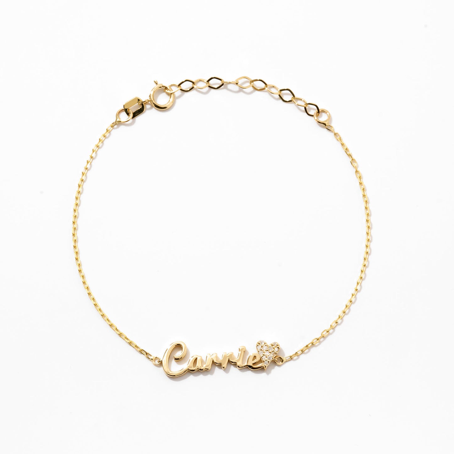 Carrie Name Bracelet with Diamond Heart in 14k Solid Gold