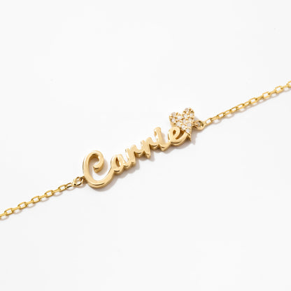 Carrie Name Bracelet with Diamond Heart in 14k Solid Gold