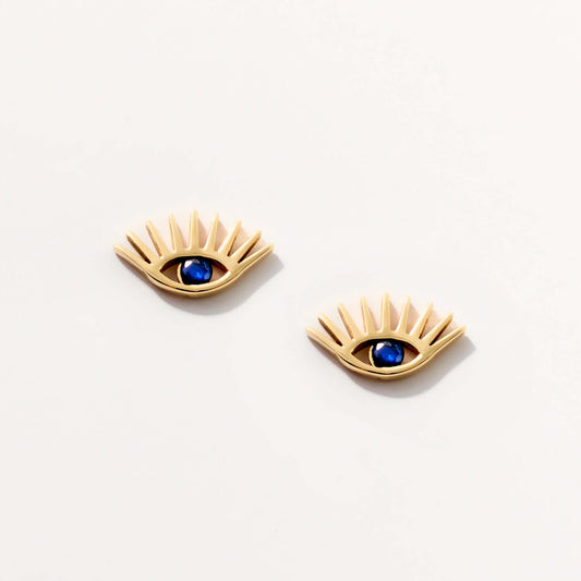 Gemstone Evil Eye Stud Earrings in 14K Solid Gold