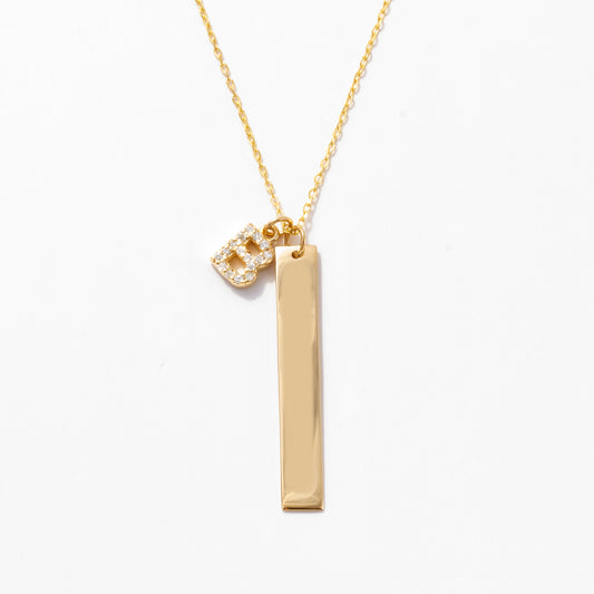 Diamond Initial and Engravable Bar Necklace in 14k Solid Gold