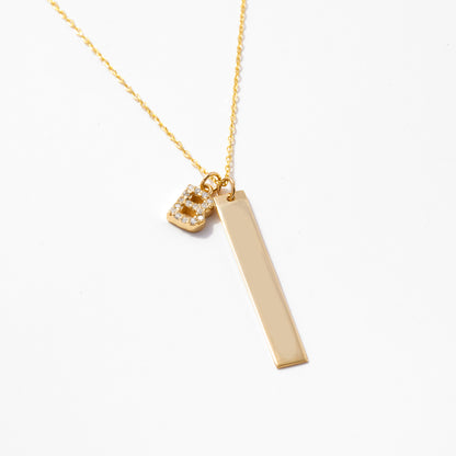 Diamond Initial and Engravable Bar Necklace in 14k Solid Gold