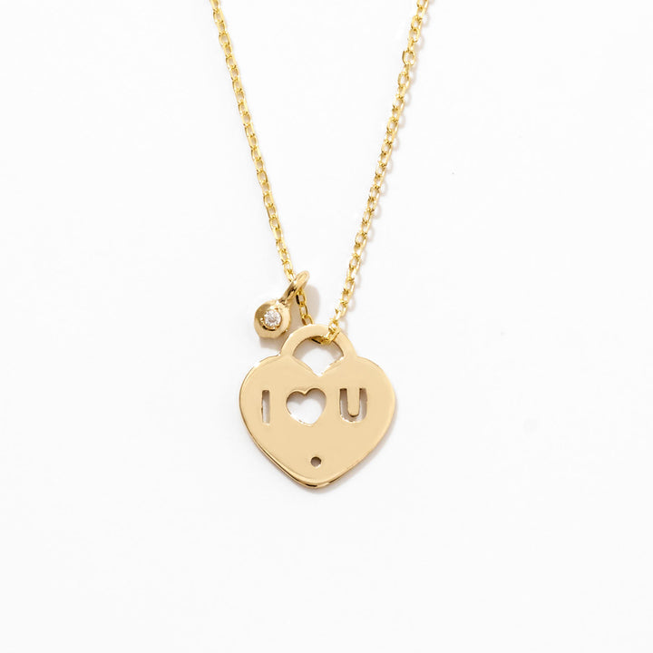 Tiny Heart-I Love You Necklace with Diamond in 14k Solid Gold