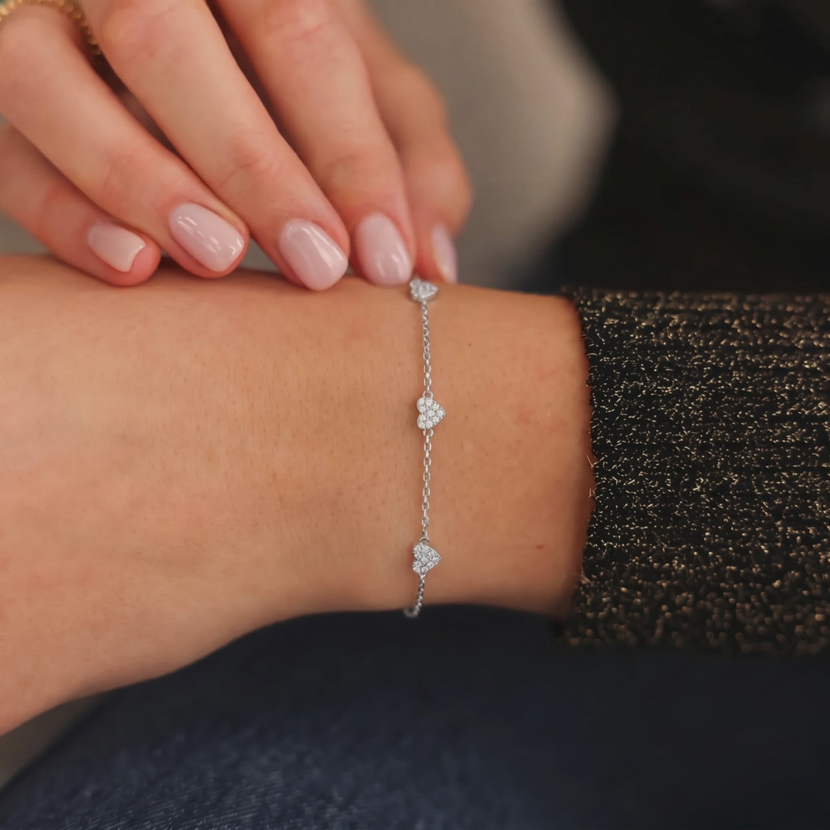 Diamond Pave Three Heart Station Bracelet