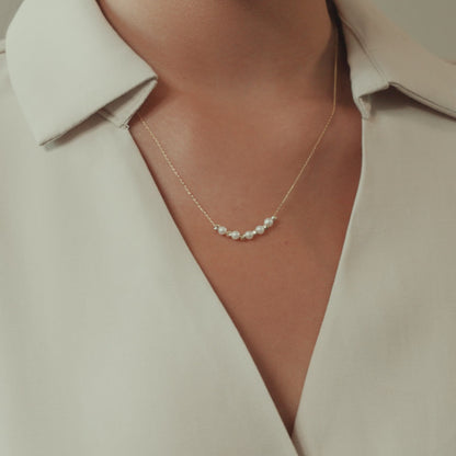 Bead and Pearl Station Necklace in 14K Solid Gold