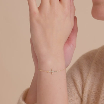 Horizontal Cross Bracelet in 14K Solid Gold, Adjustable