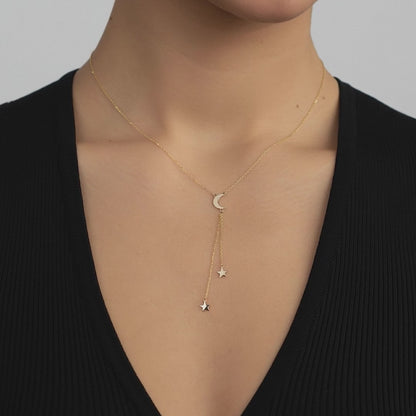 Crescent Moon and Stars Y-Necklace