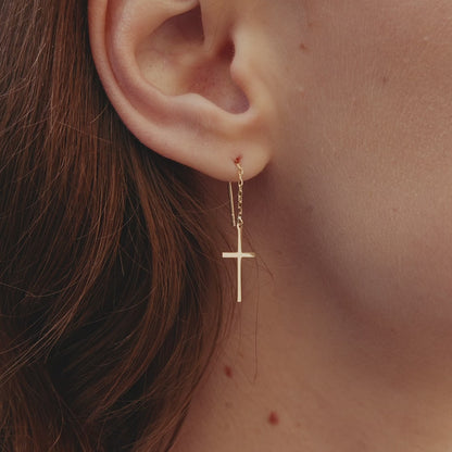 Cross Drop Dangle Earrings in 14k Solid Gold