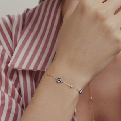 Diamond Evil Eye Station Bracelet in 14k Solid Gold