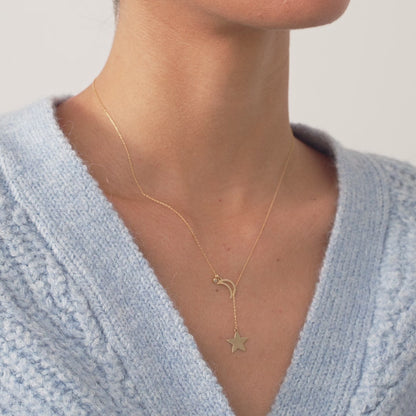 Diamond Moon-Star Y-Necklace in 14K Solid Gold