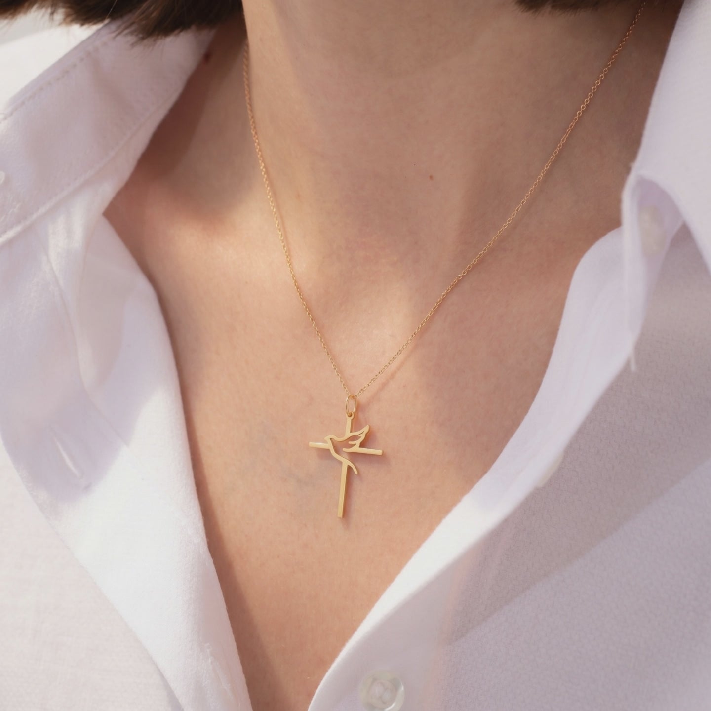 Dainty Holy Spirit Dove Cross Pendant in 14K Solid Gold, Women by