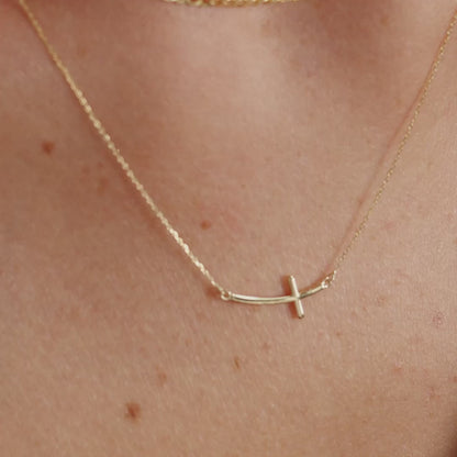 Sideways Curved Cross Necklace in 14K Solid Gold