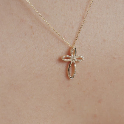 Diamond Loop Cross Necklace in 14k Solid Gold