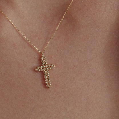 Beaded Cross Necklace in 14K Solid Gold